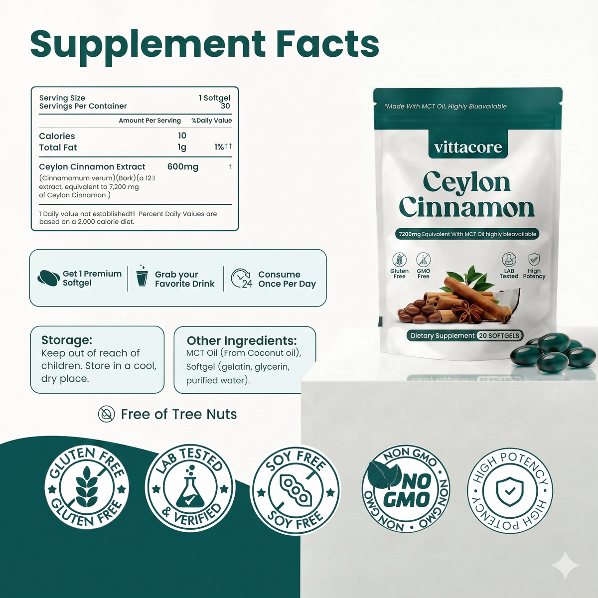 Ceylon Cinnamon 7200mg Equivalent with MCT Oil